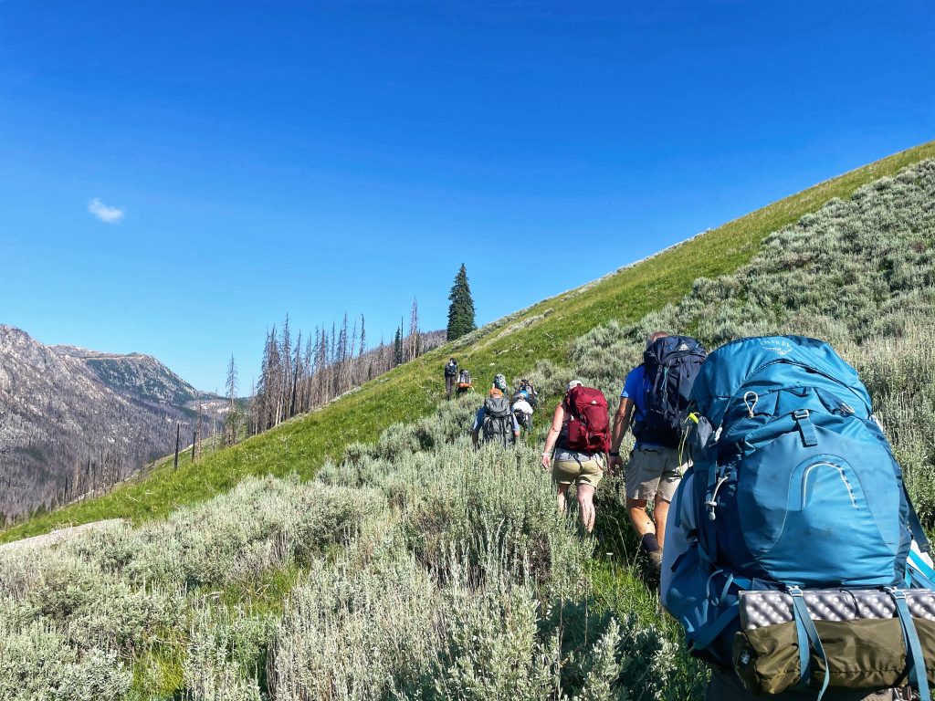 The Culp and Naylor families backpack in supplies to a trail crew working in Horseshoe Basin.