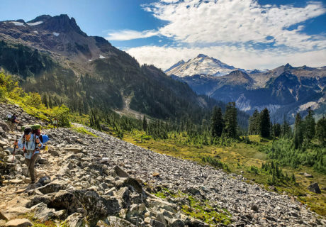 A PNTA Trail Crew hikes to a worksite on the Mt Baker-Snoqualmie NF in 2019.